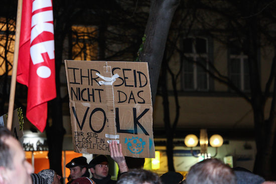 „Bloß ein Kugelfisch“ – Pappschild eines Gegendemonstranten während der ersten „Bogida“-Demo Mitte Dezember